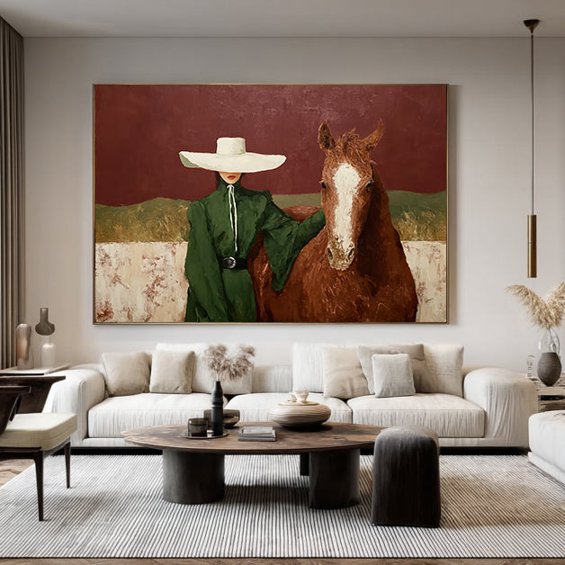 Modern Woman and Horse Painting Earthy Tones Boutique Hotel Art  