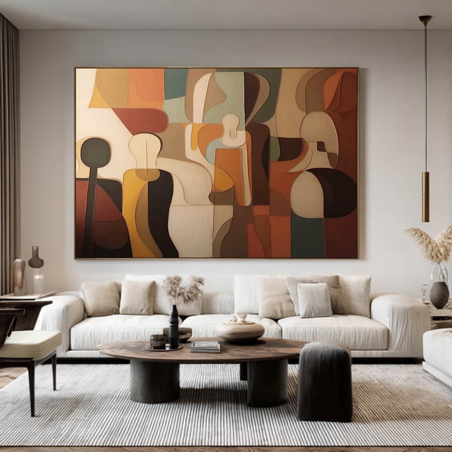 Modern Abstract Geometric Oil Painting - Large 3D Textured Earth Tone Wall Art