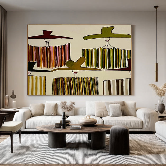 Hand-painted textured women in hats painting Minimalist olive green abstract figurative art