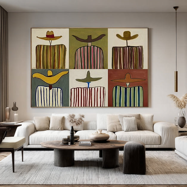 Modern Abstract Grid Oil Painting - Multi-Panel Style Hand-Painted Figures in Hats