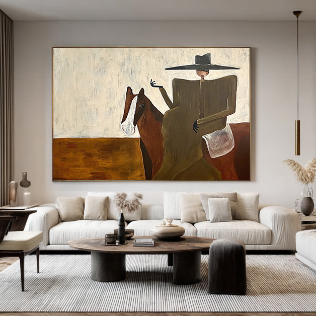 Modern Woman and Horse Painting Mid-century Modern Woman Painting
