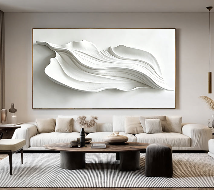 Large White 3D Abstract Wood Wall Art – Organic Flowing Carved Panel – Contemporary Japandi Style