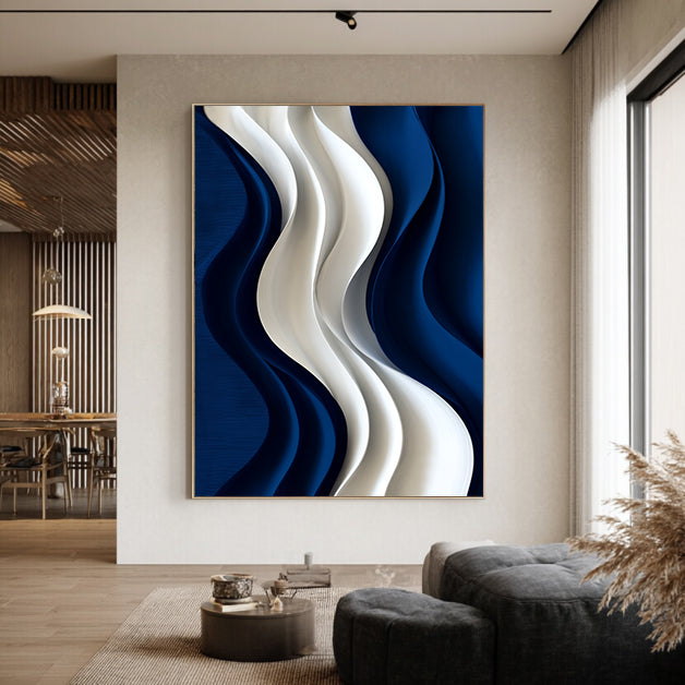 Blue 3D Textured Wall art Hand-Painted Wood Carving Wall Art Blue 