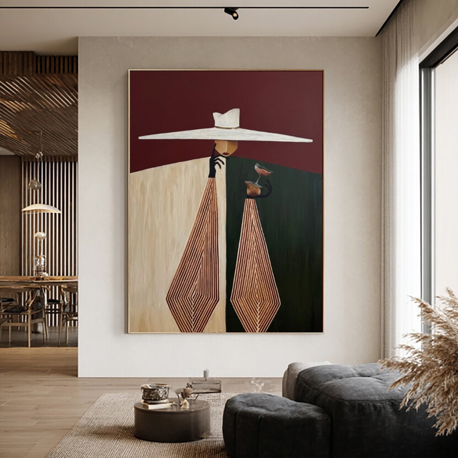 Burgundy Background Art Geometric Hand-Painted Abstract Oil Painting 