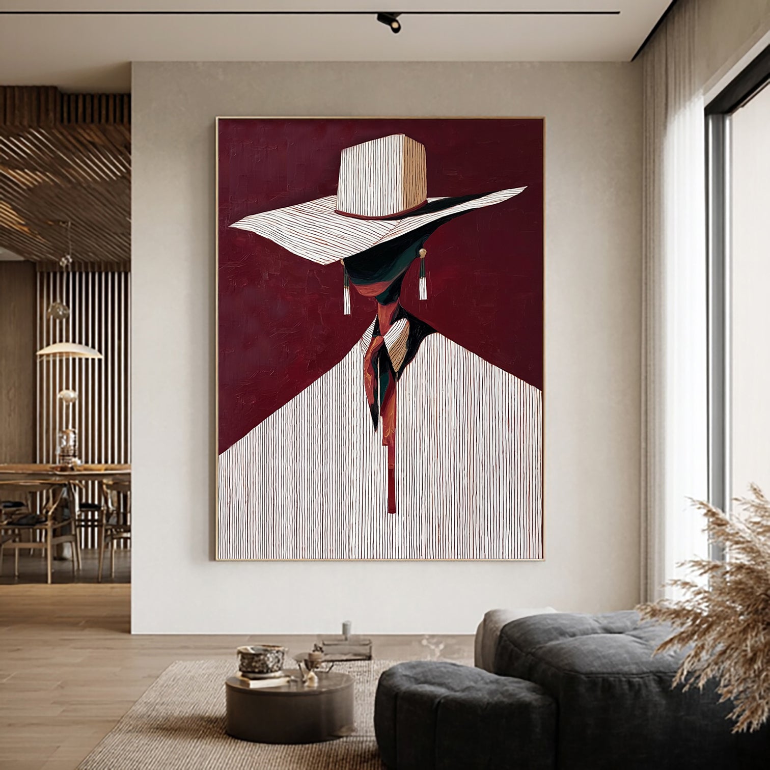 Minimalist Figure Painting Burgundy background Abstract Portrait Painting