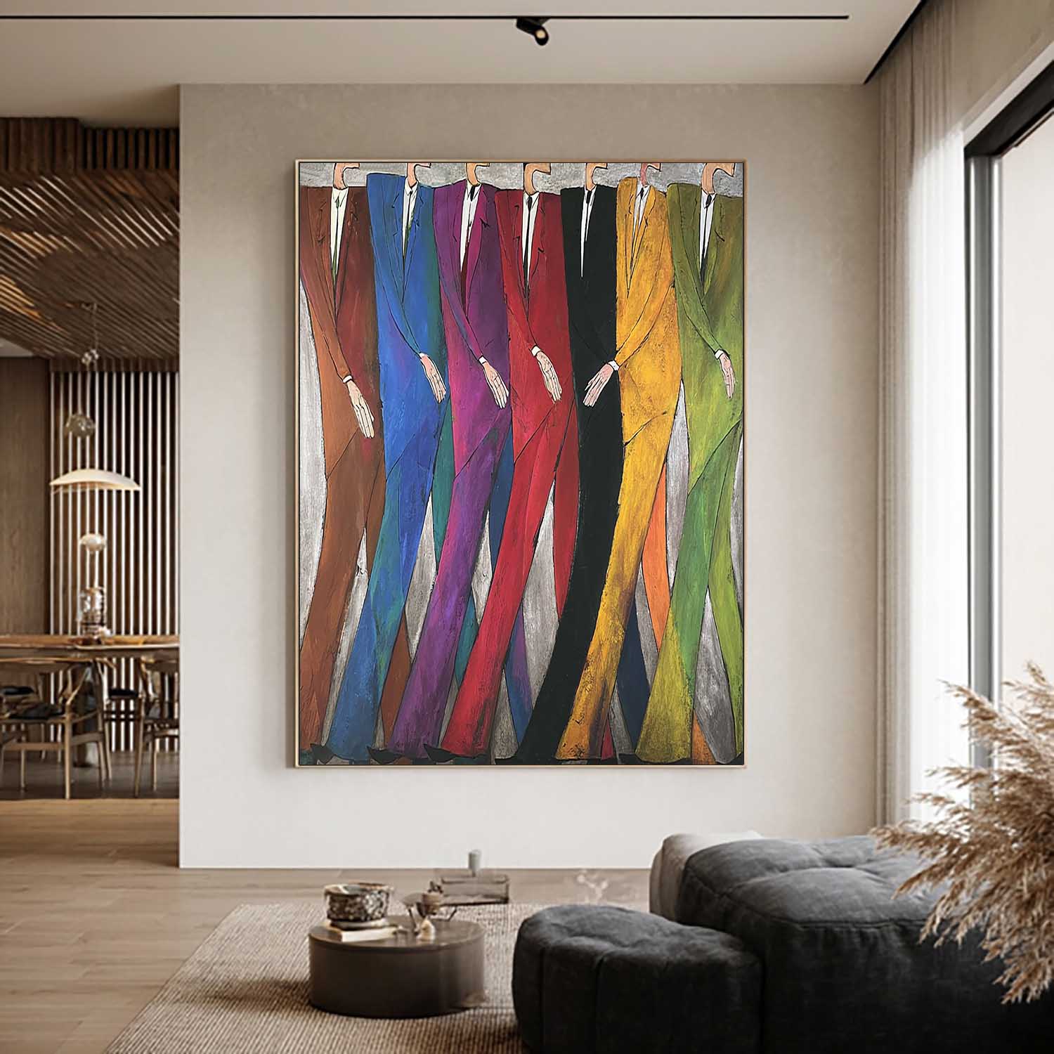 Modern Abstract Figures Painting - Mid-Century Hand-Painted Figures for Office Decor