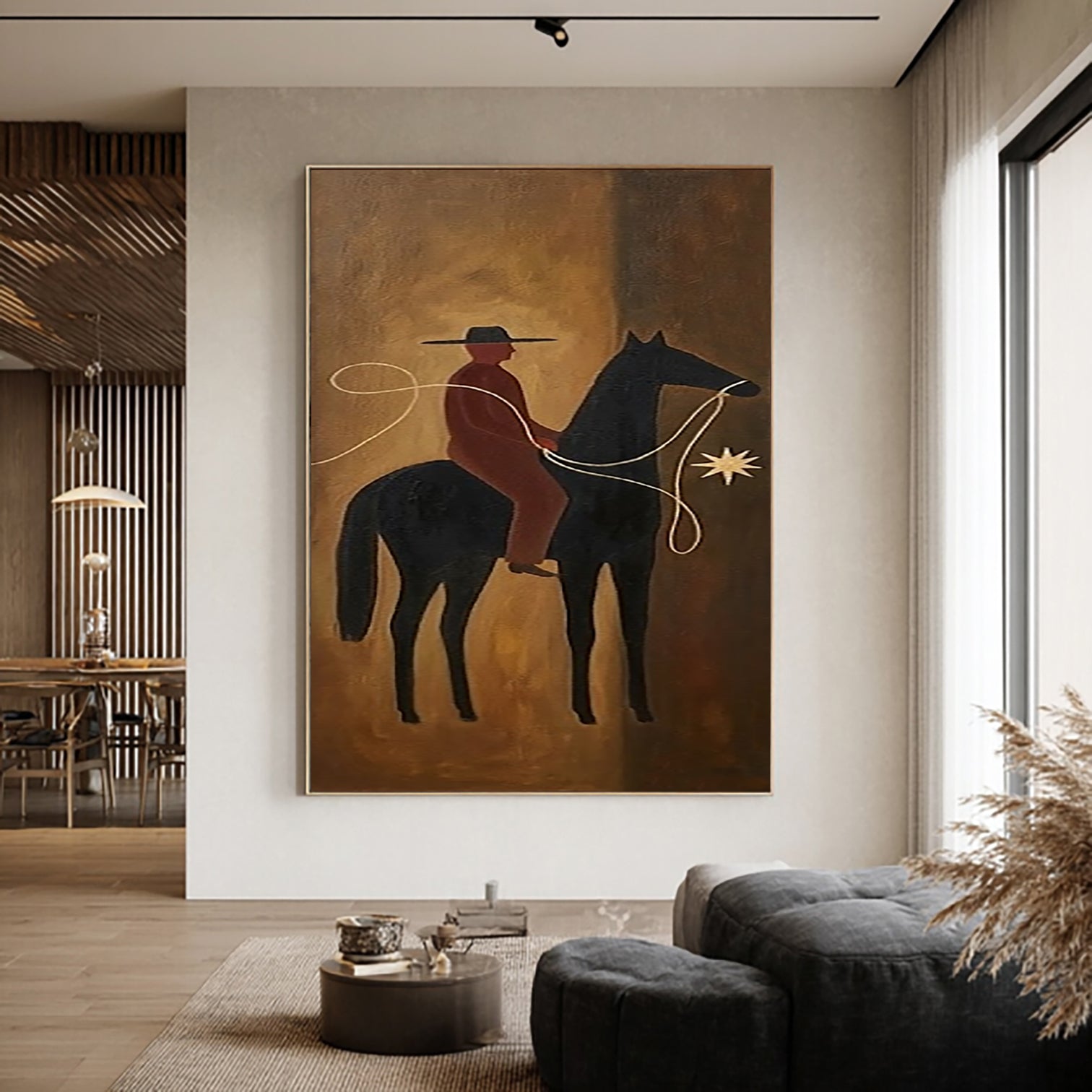 Mid-century Modern Folk Art Boho Wall Art Equestrian Oil Painting 