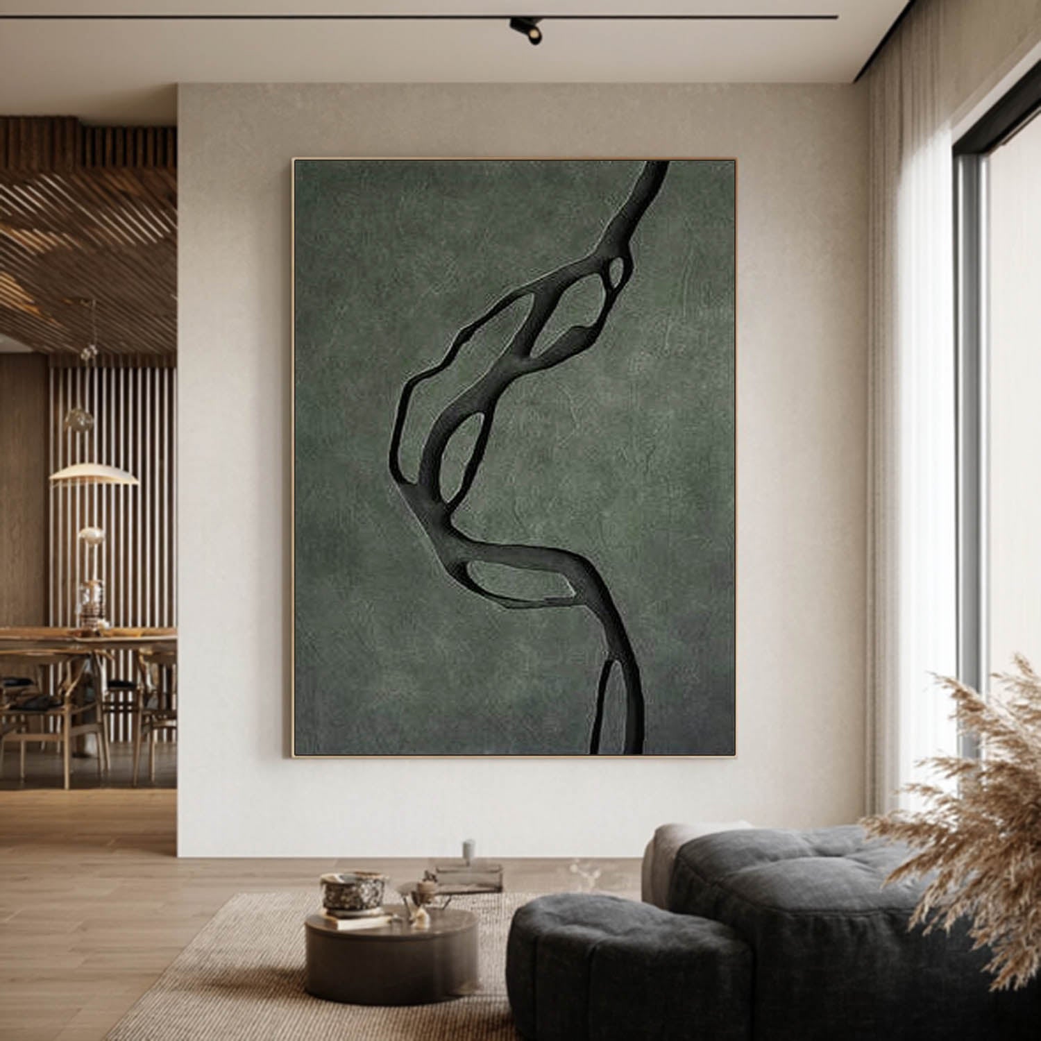 Modern Dark Green 3D Wood Wall Art Hand-Painted Textured 3D Wall Sculpture Decor