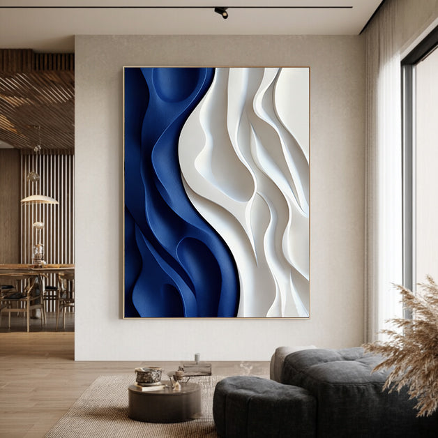 Blue 3D Textured Wall art Blue Sculptured art Painting Wood carving wall art