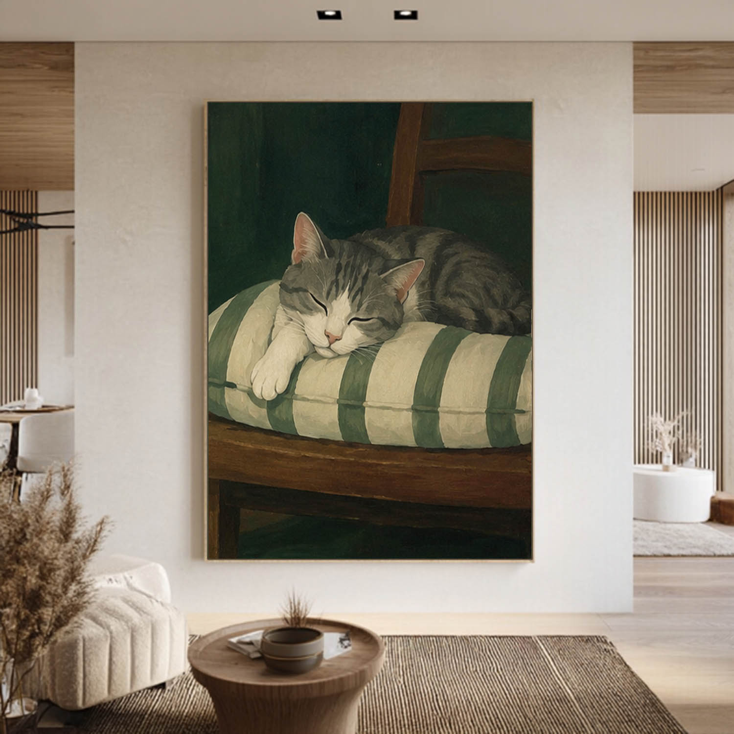 Mid-century Modern Sleeping Cat Oil Painting Modern Wabi-Sabi Style Pet Portrait art