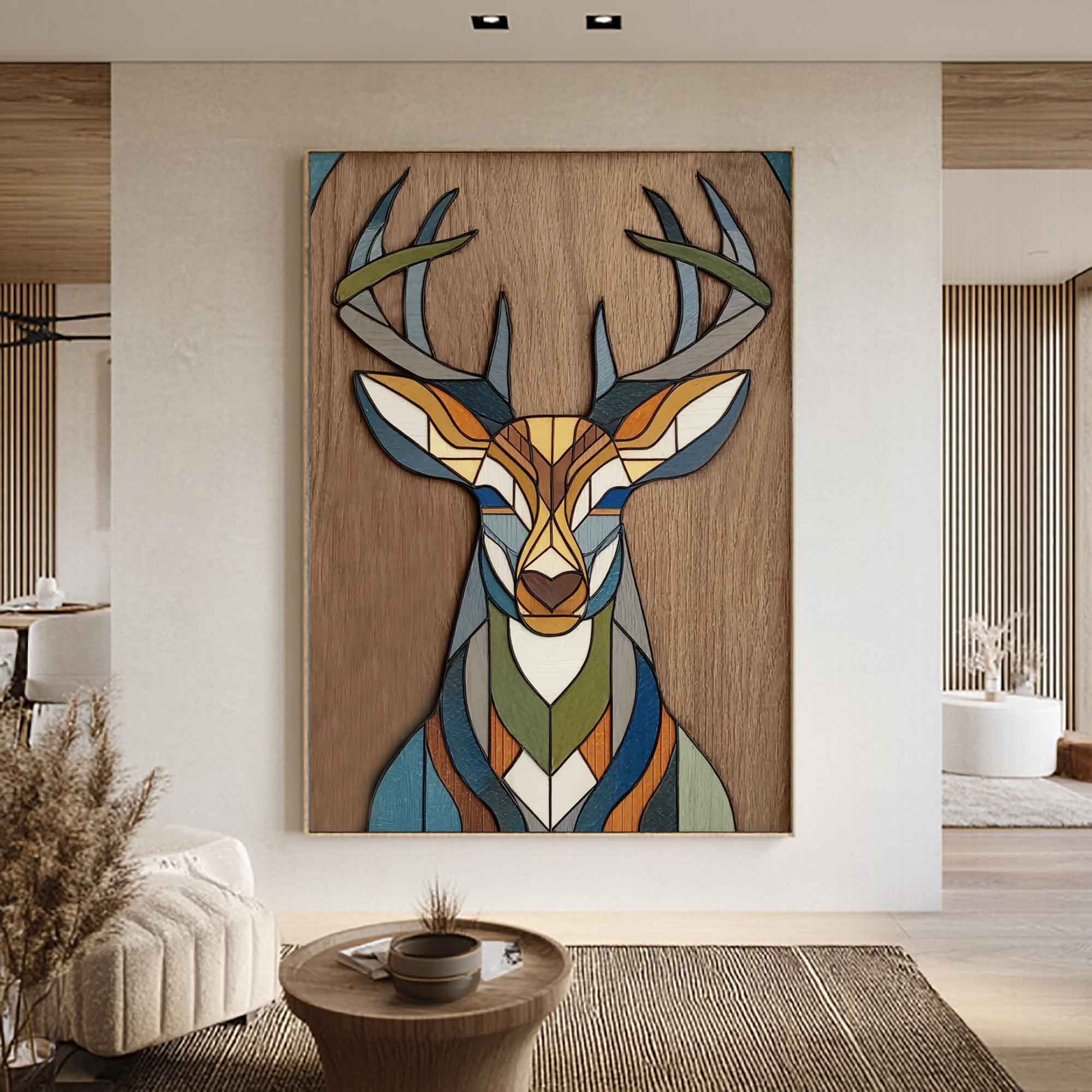 colorful Abstract wooden deer art Living room geometric deer decor