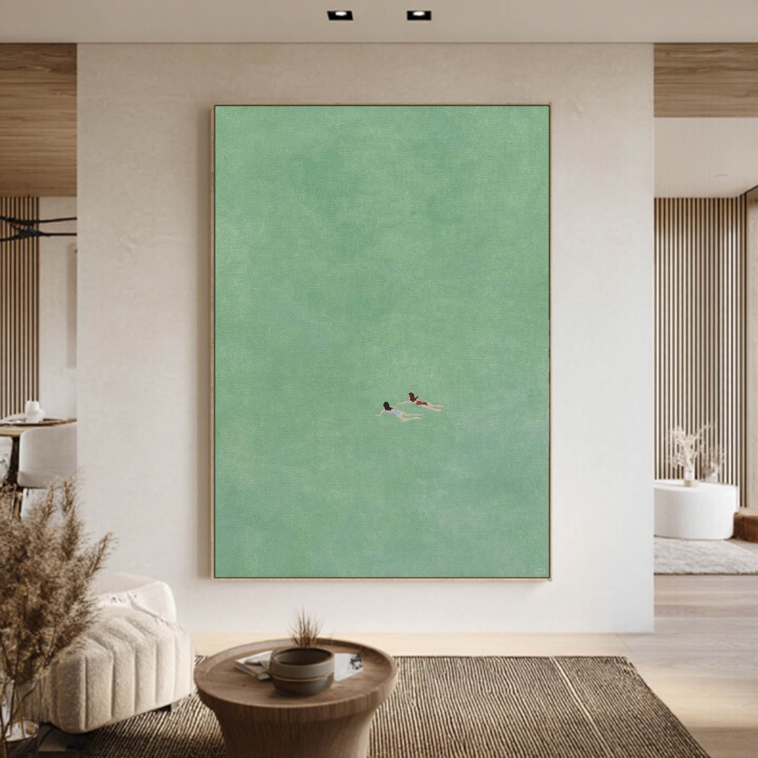 two girls swimming painting,Swimming Drawing Large green wall art, Green Minimalist Painting