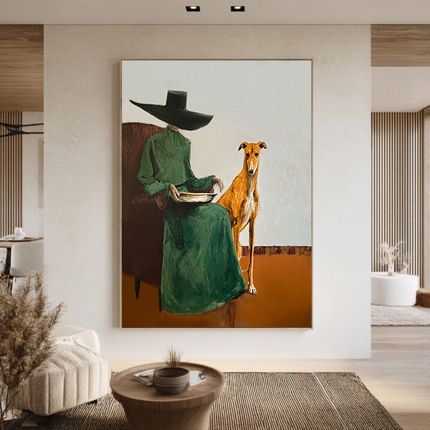 Vintage Fashion Painting Woman with Greyhound Painting Surrealist Figure Art 
