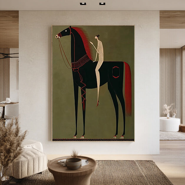 Minimalist black horse painting with red mane and a slim rider on olive green background.
