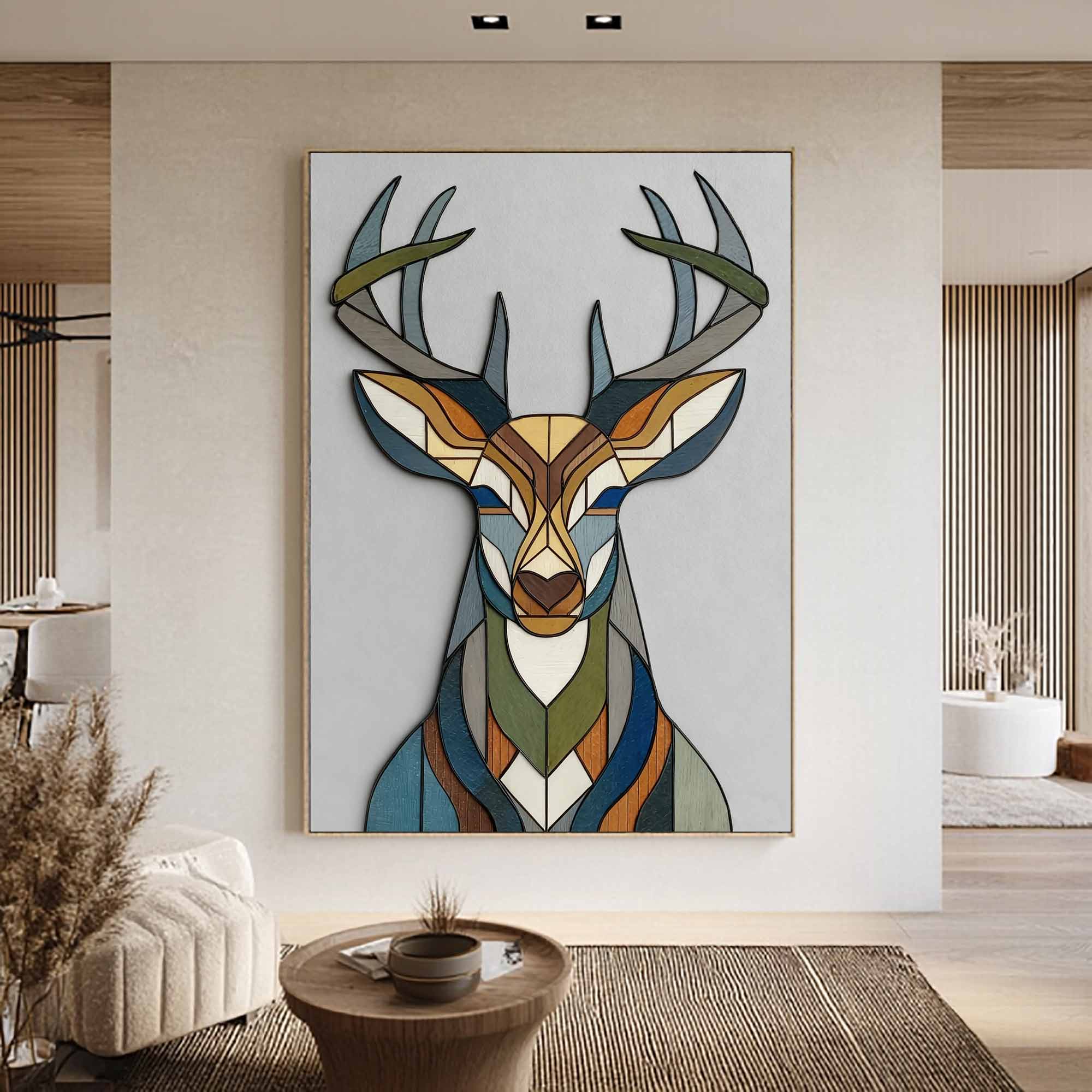 Geometric deer head wood wall art Stained wood style deer wall decor