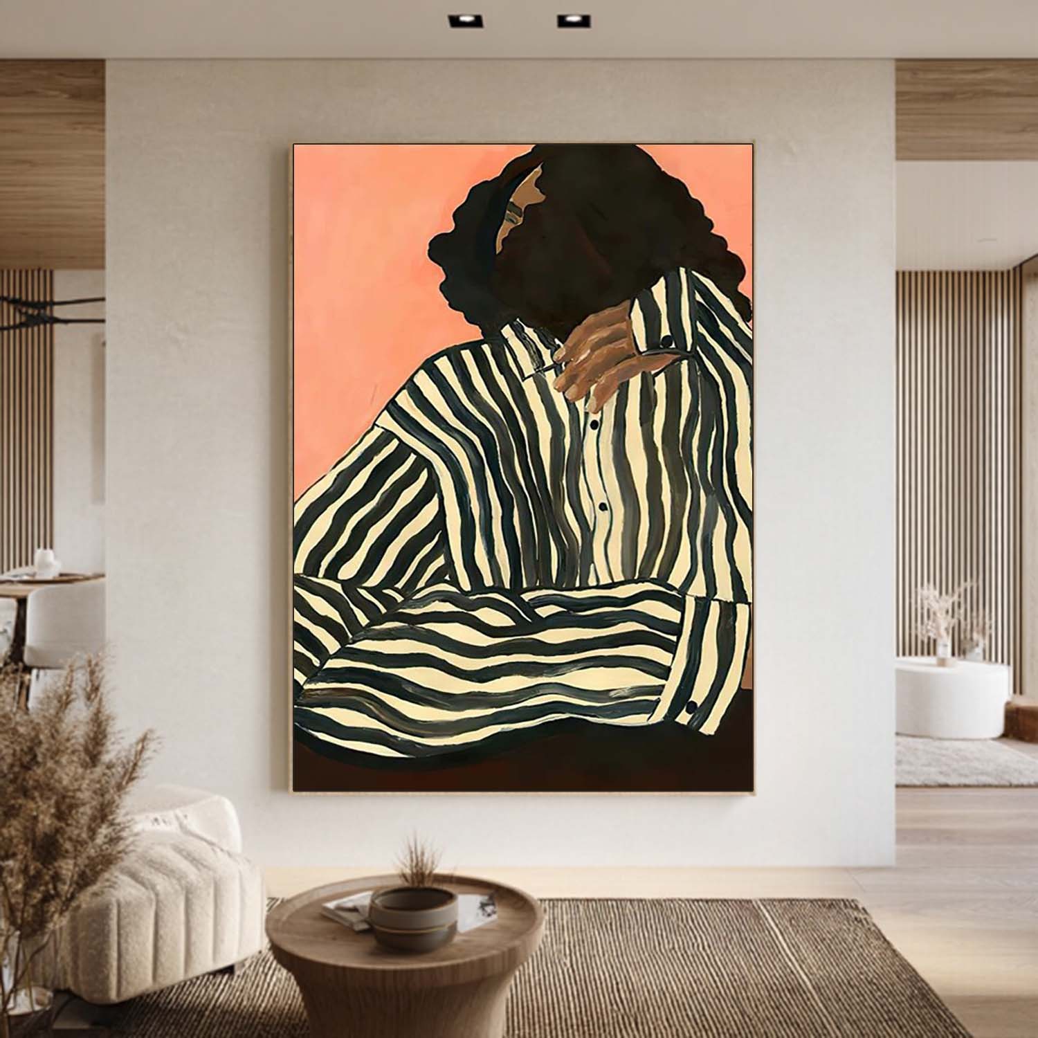 Chic Abstract Canvas Painting – Woman in Striped Shirt – Minimalist Modern Wall Art for Home