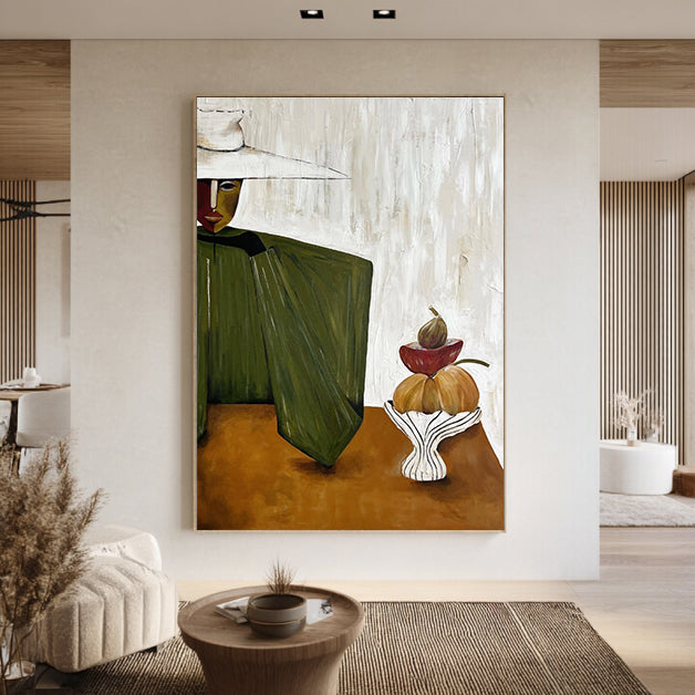 Olive Green Mid-Century Modern Abstract Oil Painting - Harvest Still Life