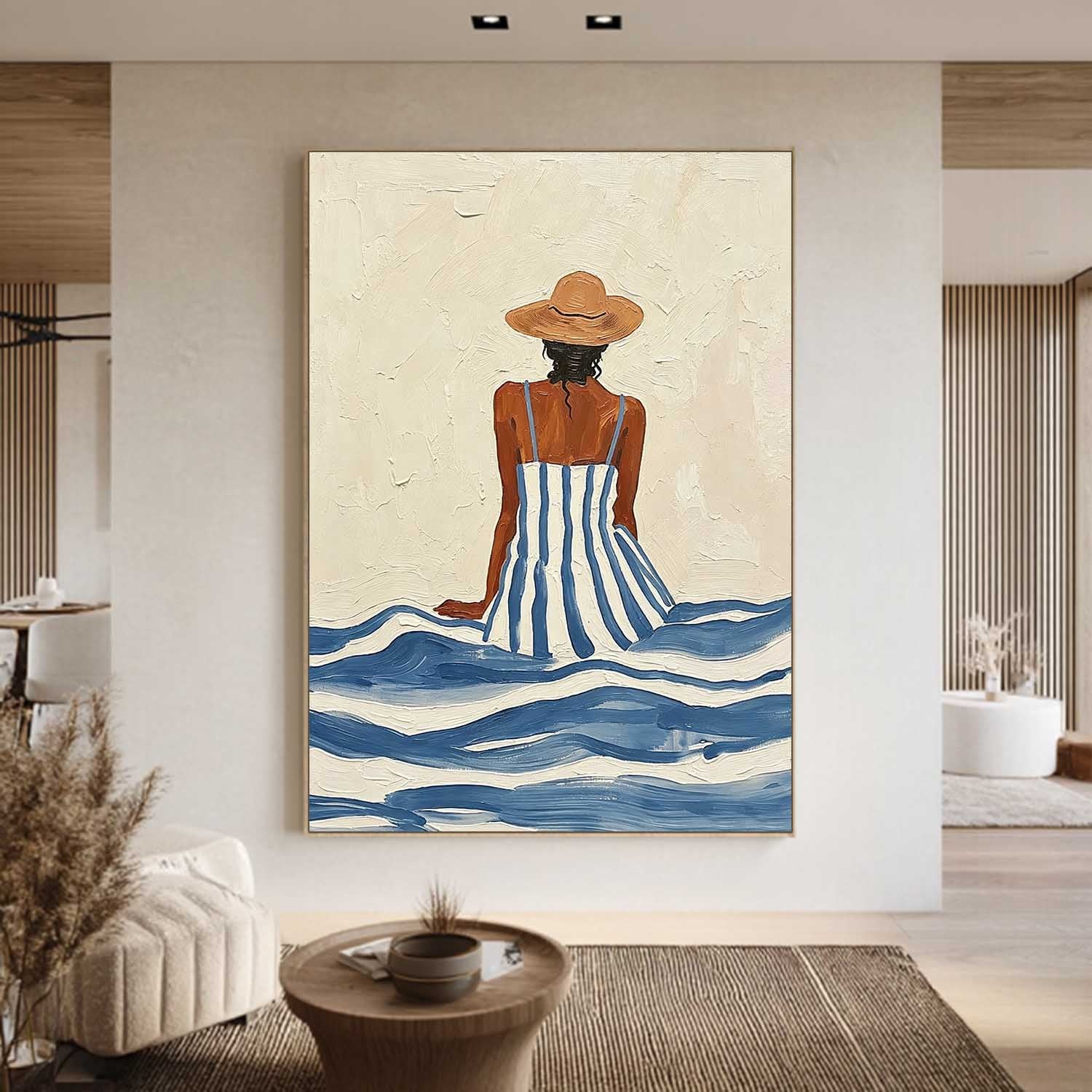 Summer Beach Wall Art – Woman Canvas Painting Coastal Canvas Artwork for Living Room