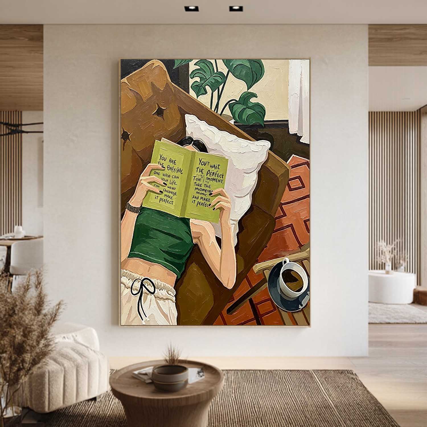 Textured Oil Painting Girl Reading Book with Quote, Modern Impasto Wall Art