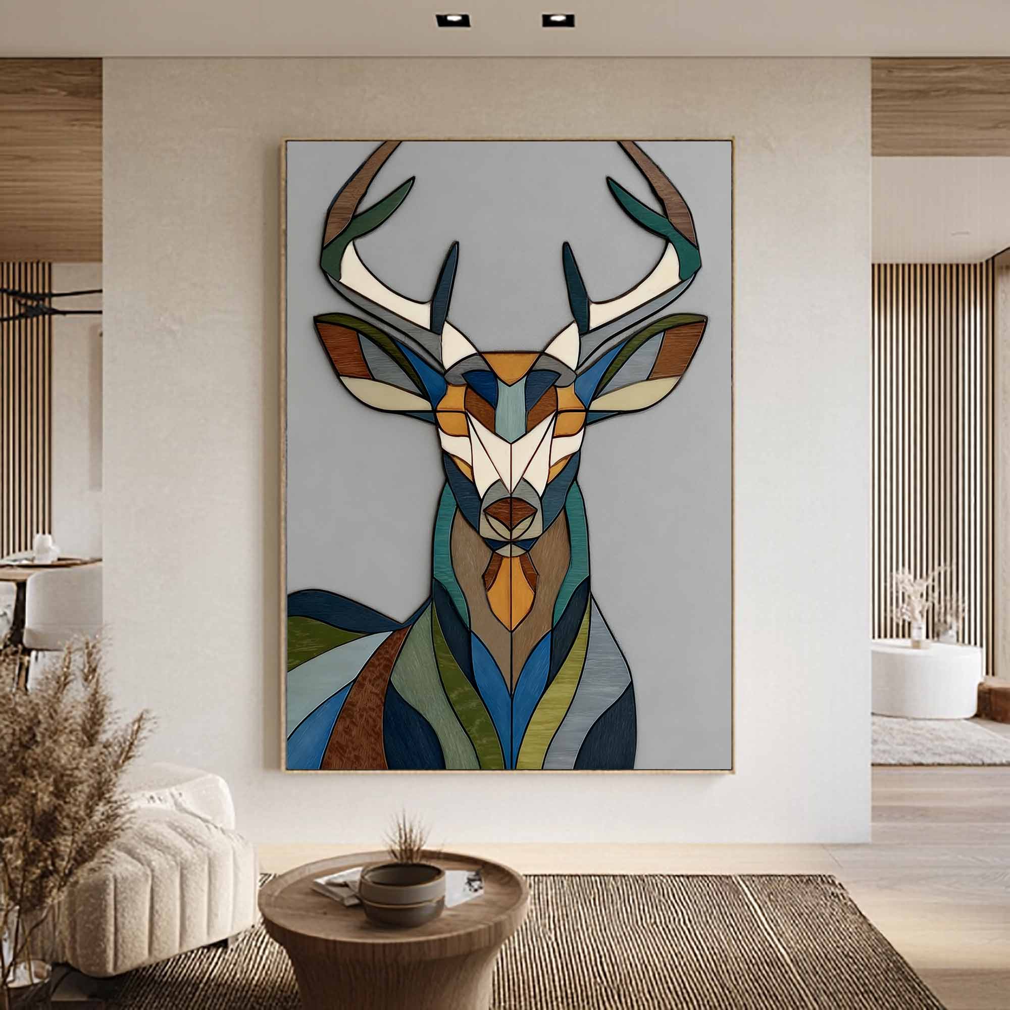 colorful Abstract wooden deer art Living room geometric deer decor