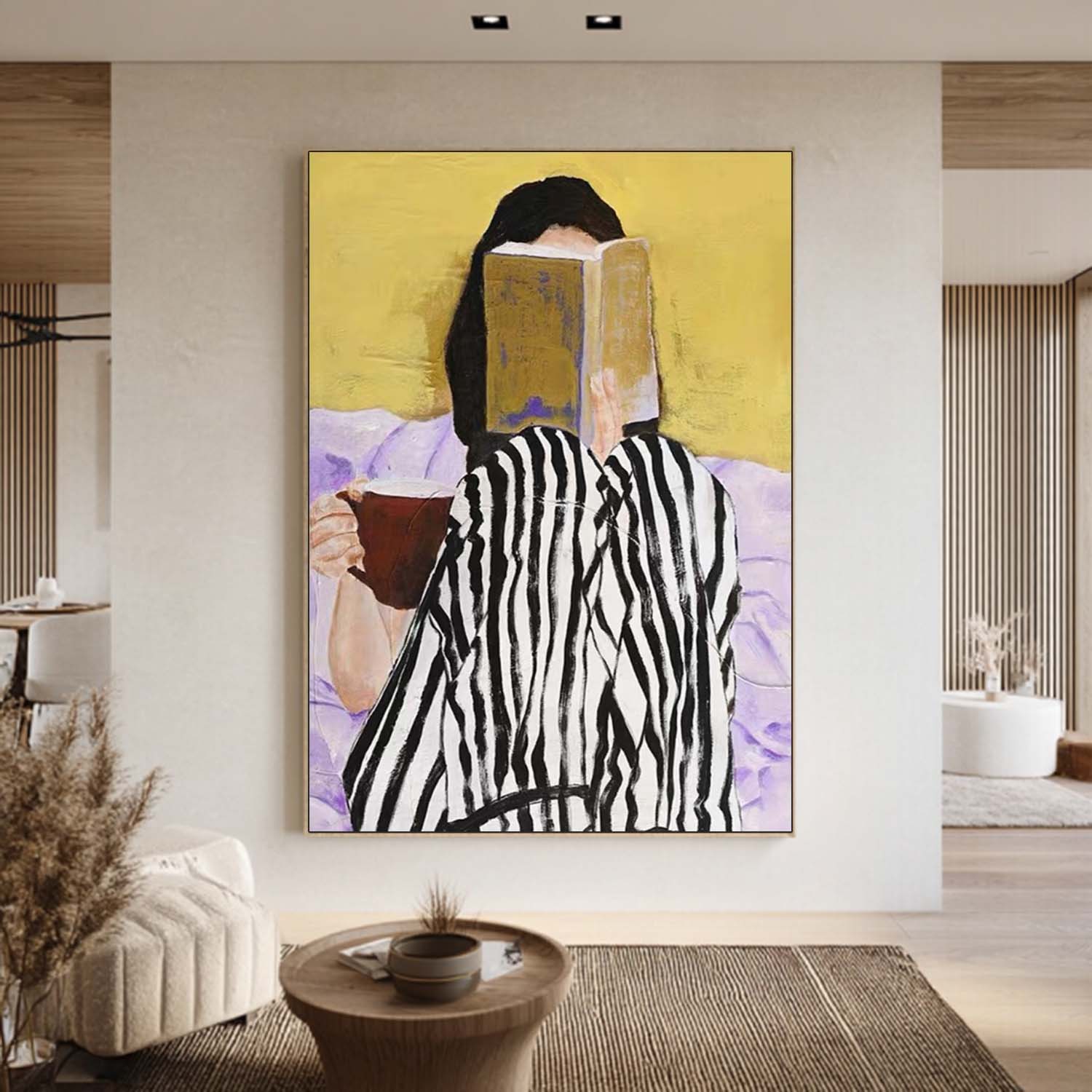 Modern Girl Reading Oil Painting, Black and White Striped Art, Yellow Wall Decor
