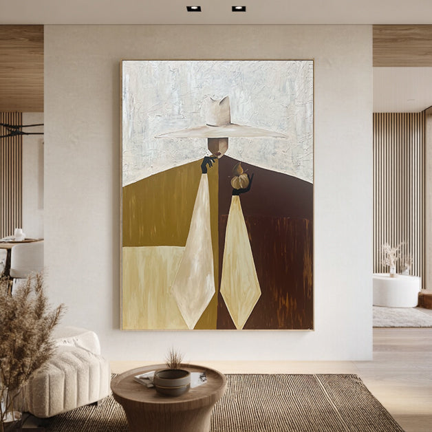 Hand-Painted Mid-Century Modern Abstract Portrait - Earthy Wall Art