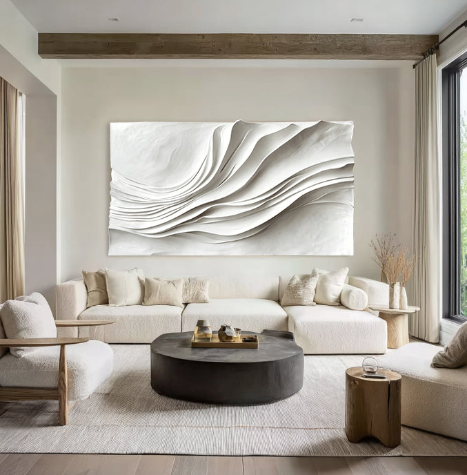 Large White 3D Textured Flowing Wave Wall Art - Modern Minimalist Wood Relief Painting for Living Room