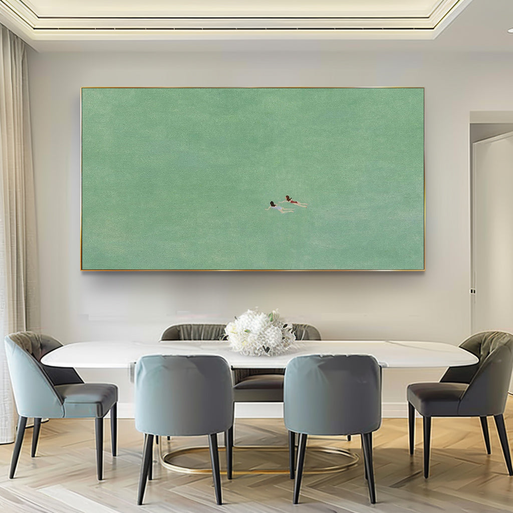 green abstract art two girls swimming painting green texture wall art
