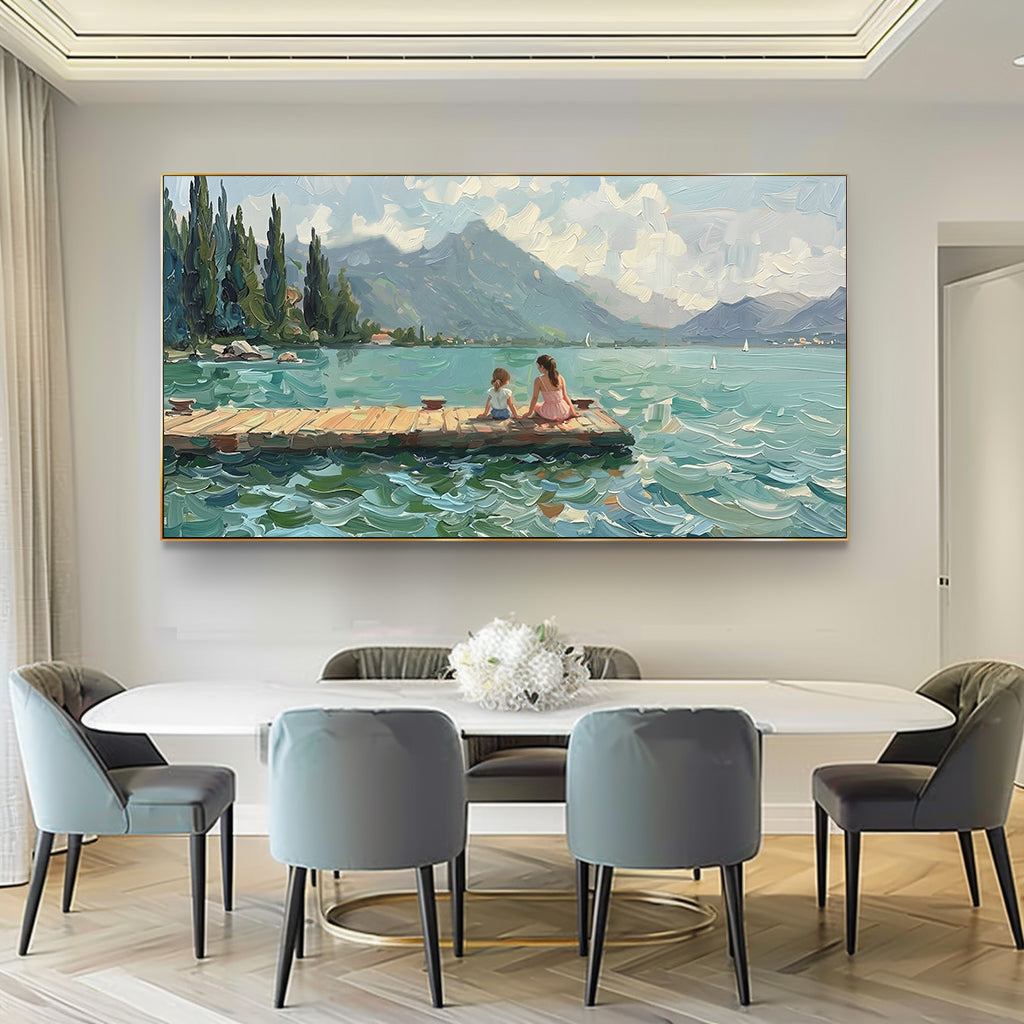 green Horizontal abstract painting two girls Summer lakeside landscape art