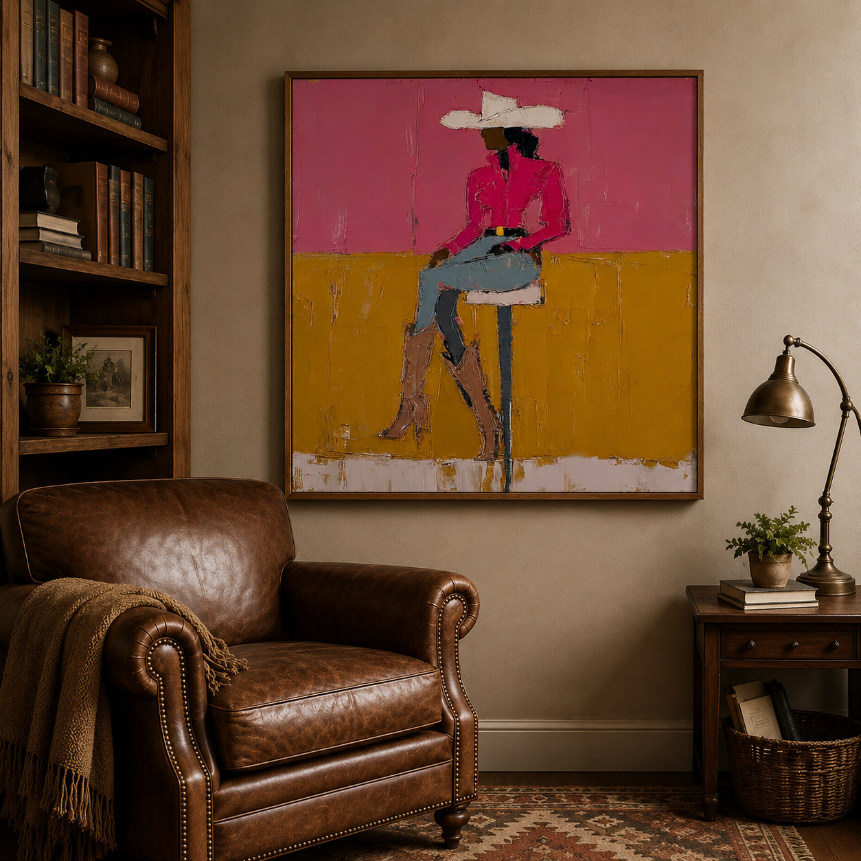 Modern Pink Cowgirl Oil Painting Abstract Fashion Figure Art For Living Room Decor