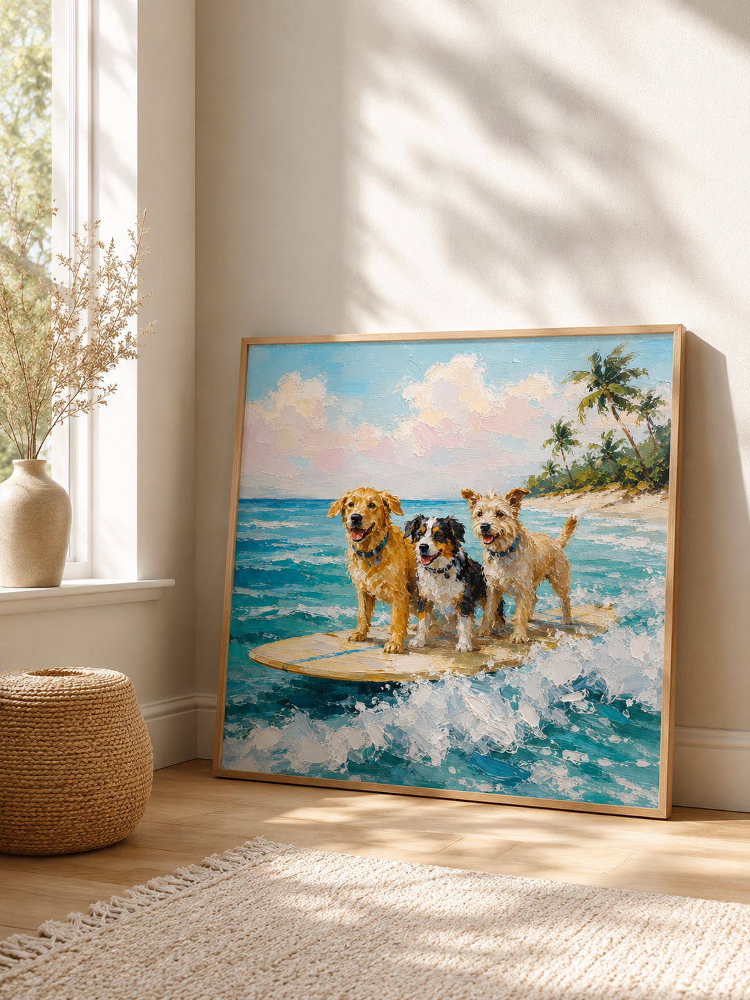 Fun Surfing Dogs Oil Painting For Pet Lovers Beach Themed Wall Art