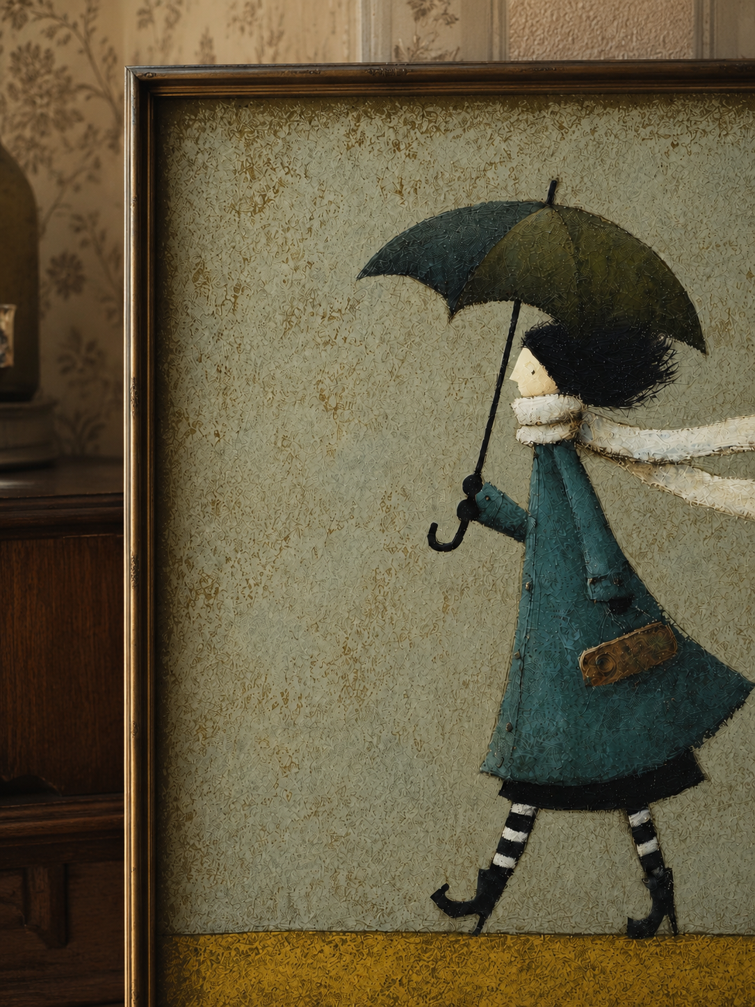 Whimsical Girl With Dog Umbrella Painting Textured Teal Green Wall Art For Nursery