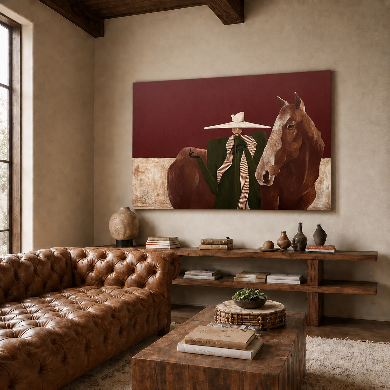 Vintage Woman And Horse Painting With Hat Earthy Tones Square Canvas Wall Art For Living Room