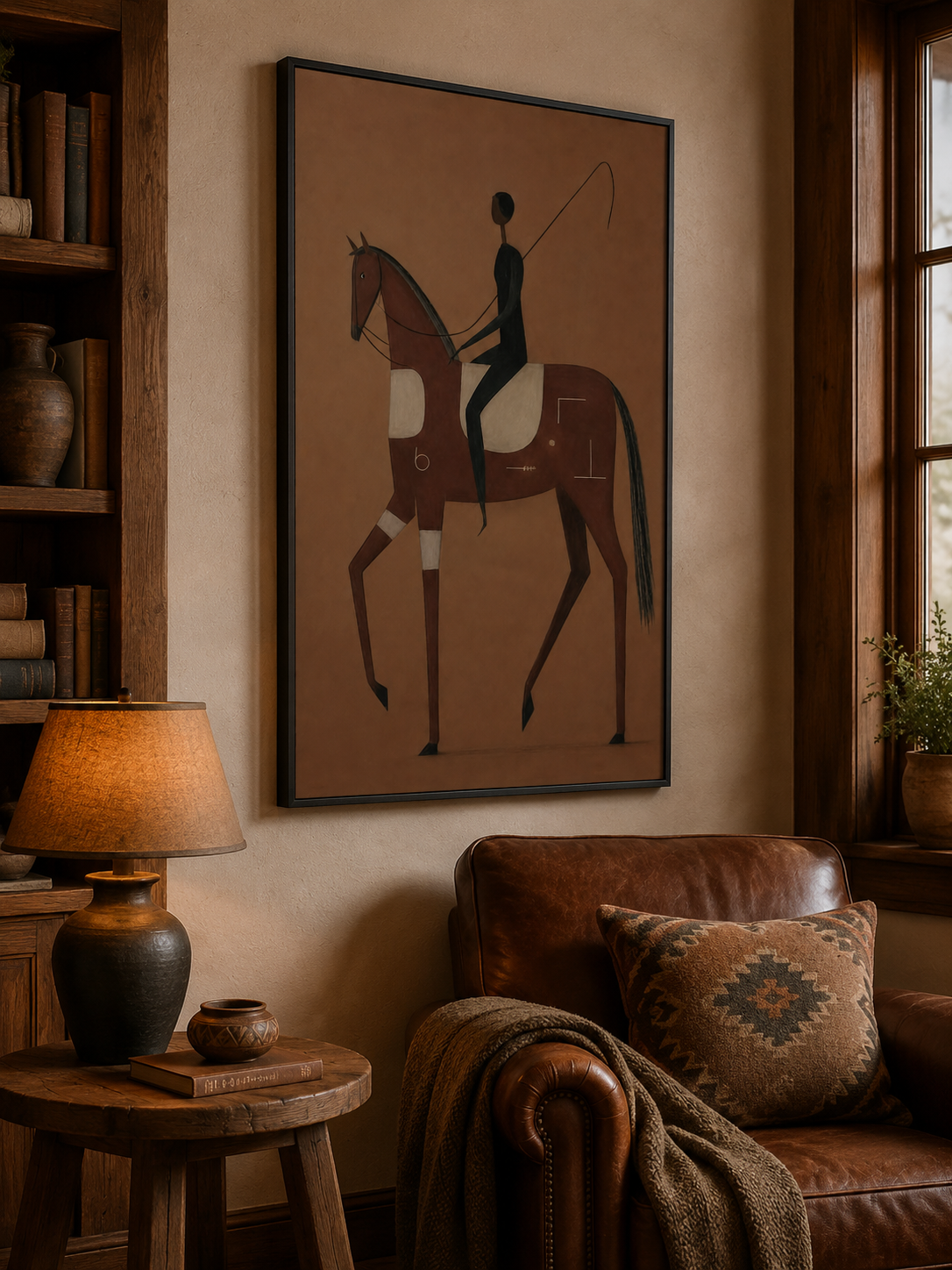 Minimalist Horse And Rider Painting Brown Earth Tones Original Oil Art