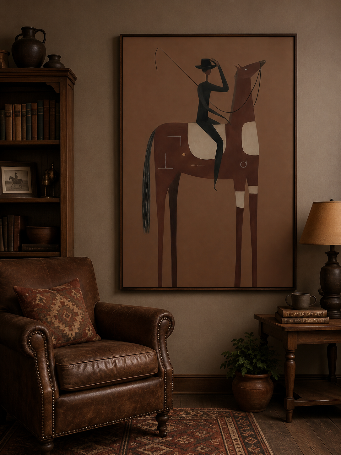 Minimalist Brown Horse Painting With Rider For Living Room Decor