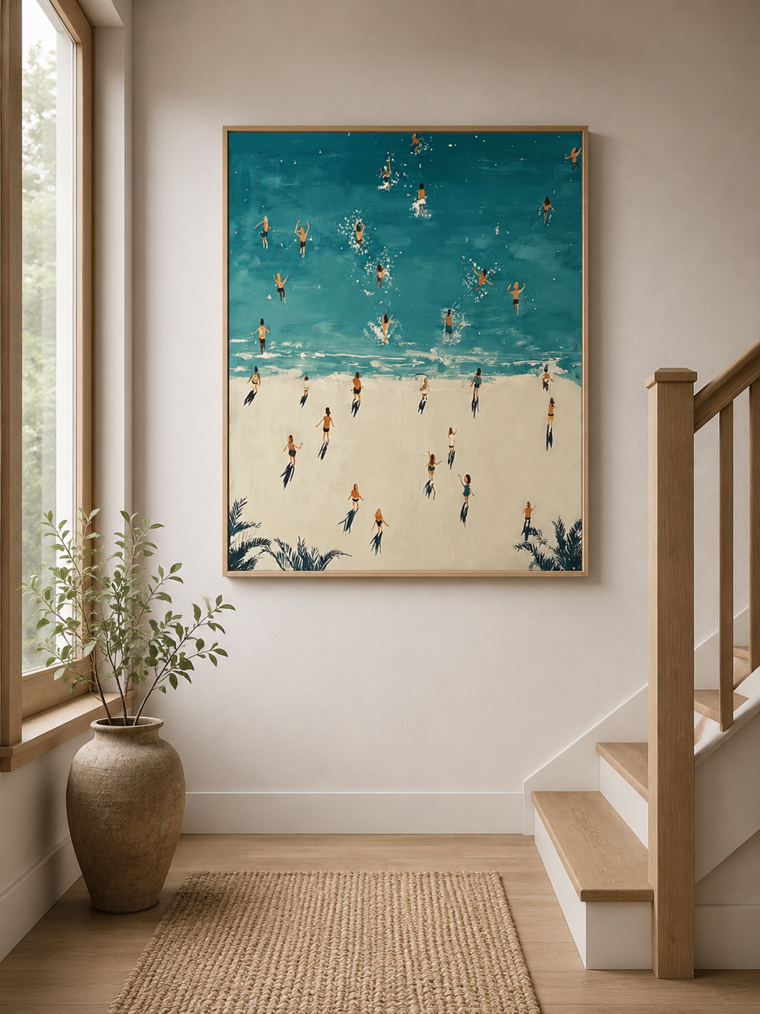 Minimalist Beach Painting With Figures And Shadows For Modern Home Decor