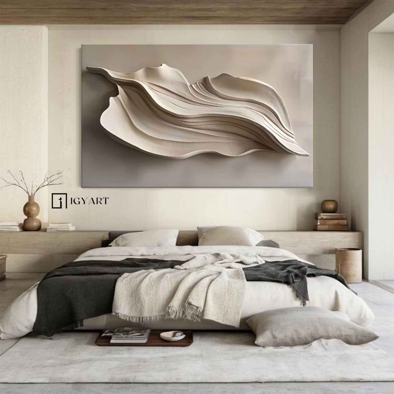 Grey Sculptured art Wood carving wall art Beige 3D Textured Wall Art