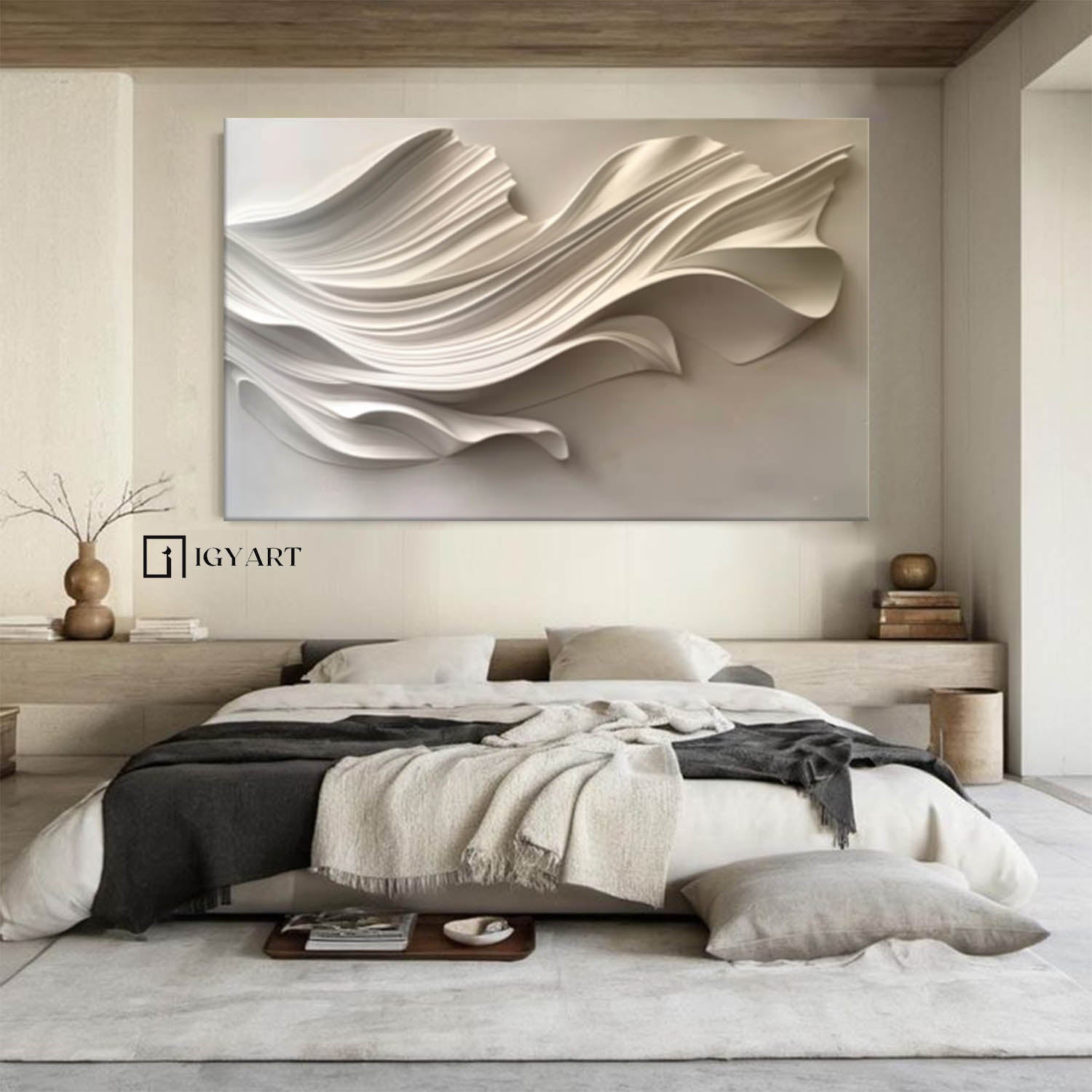Wood carving wall art Beige Sculptured art Beige 3D Textured Wall Art