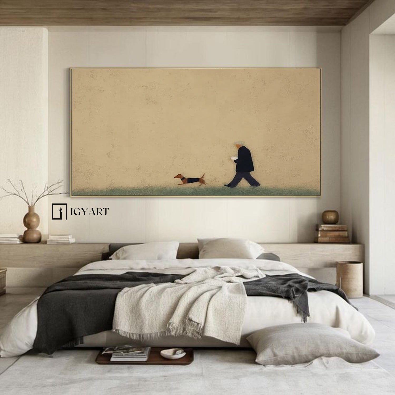 Man and Puppy Walking oil Painting Beige Minimalist Wall Art