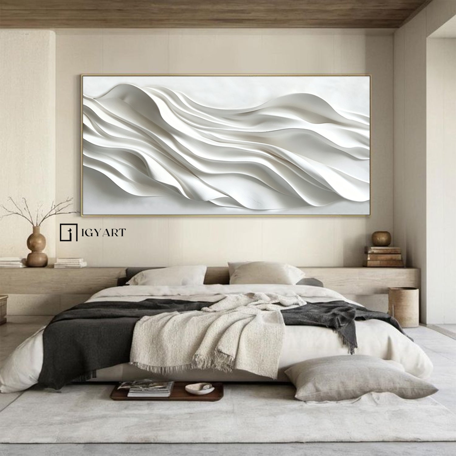 Large 3D Wave Wood Carving Wall Art Hand-Sculpted White Abstract Panel for Living Room Decor