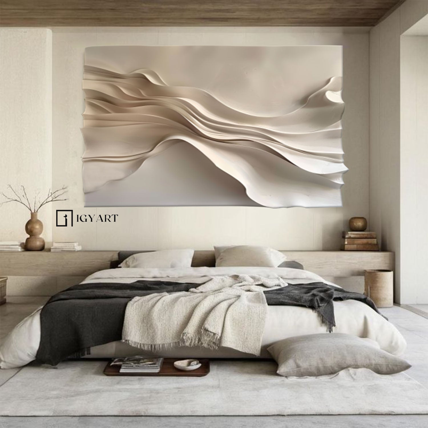 Beige 3D Textured Wall Art Grey Sculptured art Wood carving wall art 