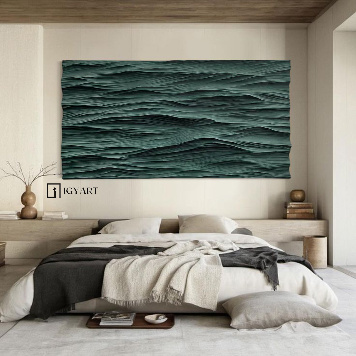 Green wave Wood Carving Wall Art: Abstract 3D Textured Sculpture art