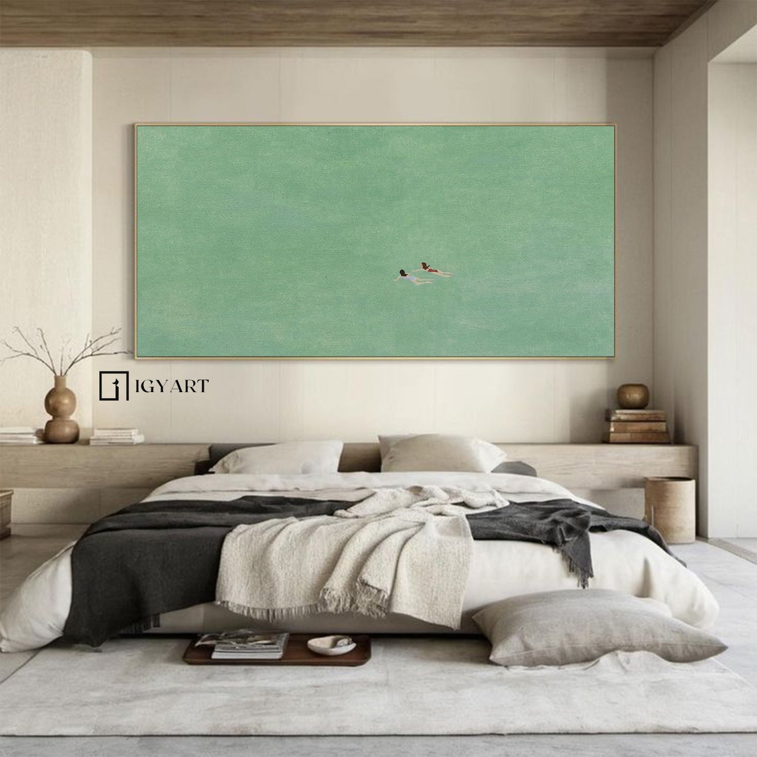 green abstract art two girls swimming painting green texture wall art