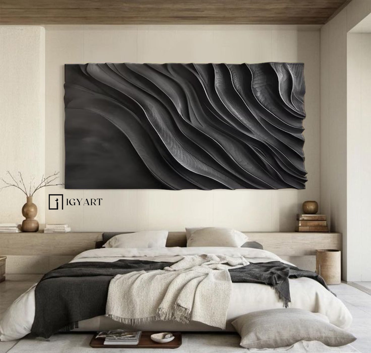 Black 3D Textured Wall Art Black Sculptured art Wood carving wall art 