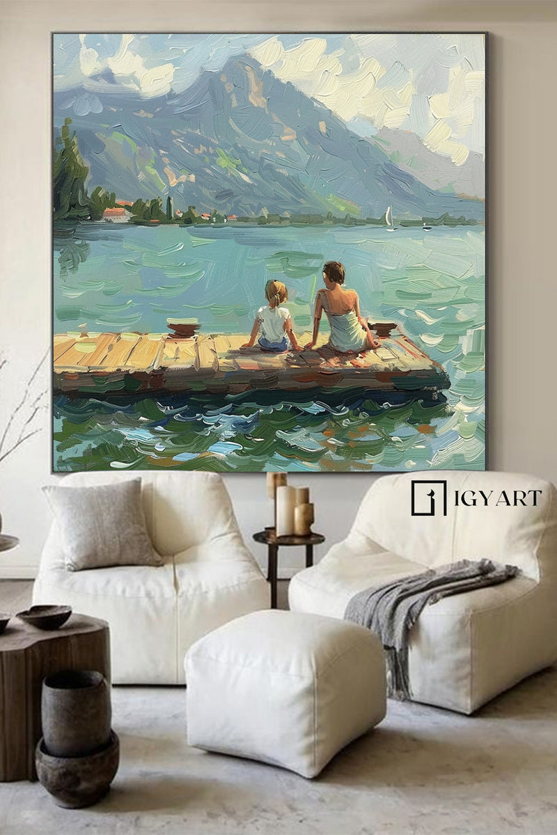 Green Abstract Landscape Oil Painting Lake Canvas Art Vintage Landscape Art Countryside Painting Custom Swimming Painting Farmhouse Wall Art