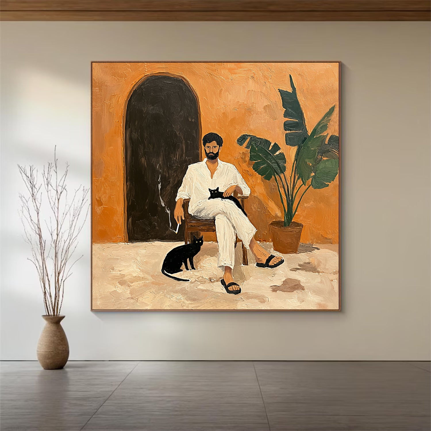 Minimalist Portrait with Black Cat - Wabi-Sabi Art Decor, Textured Earthy Tones