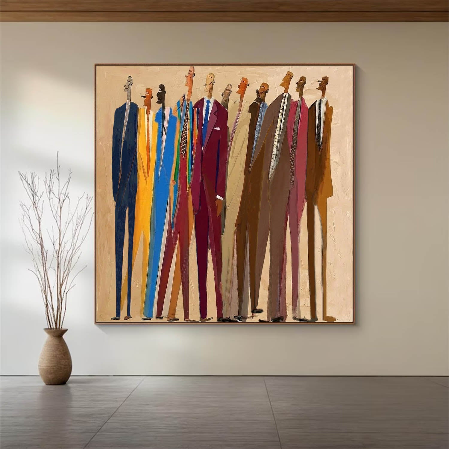 Abstract Portrait Painting -Hand-Painted  Figures in Suits for Office & Living Room Decor