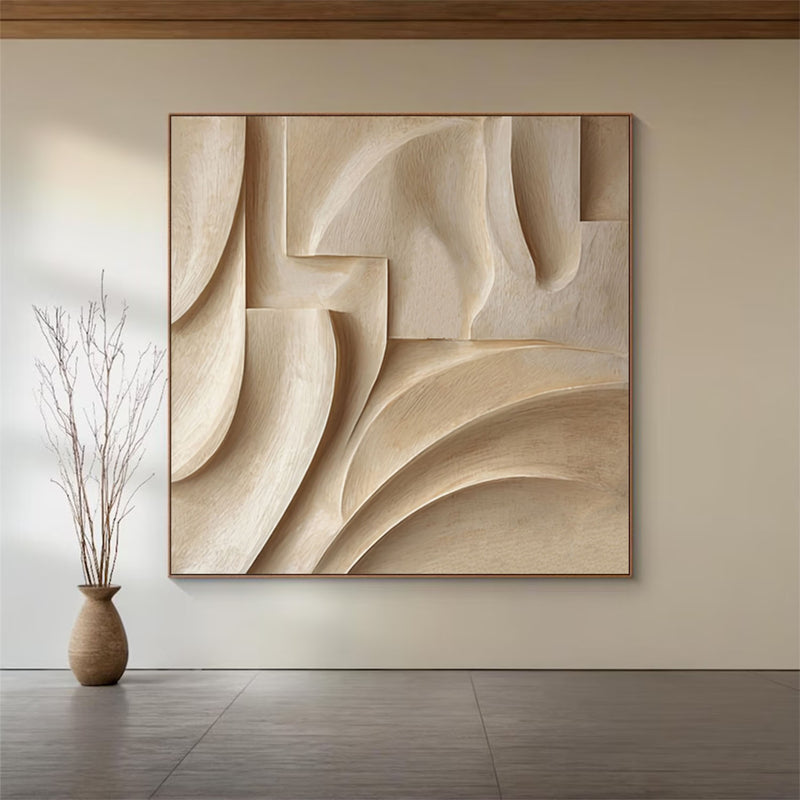 Beige Textured Wall Decor Wood 3D Textured Wall Decor Wood carving wall art