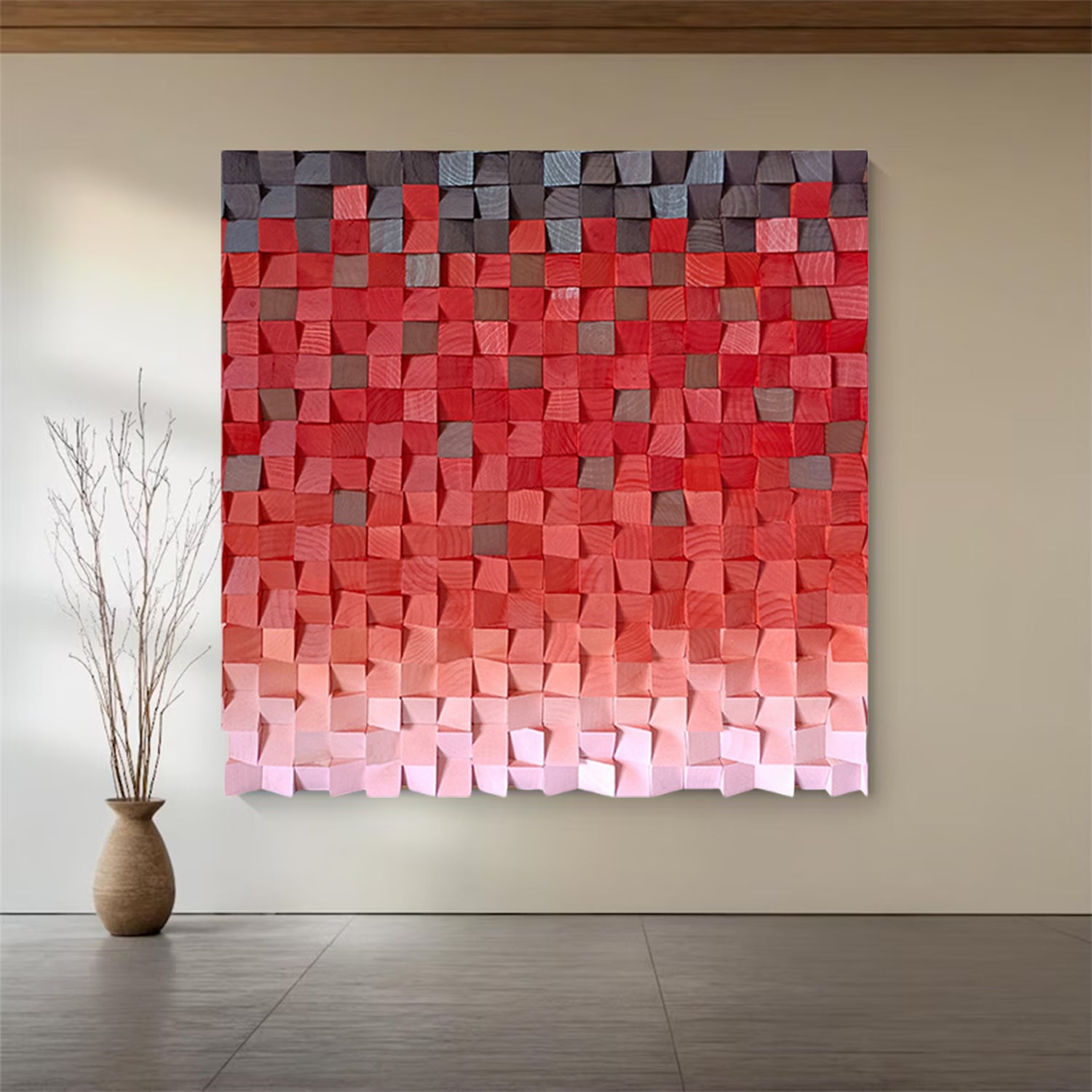 Wood wall Decor Red Wood Block Art Geometric Wood Art Sculptured art