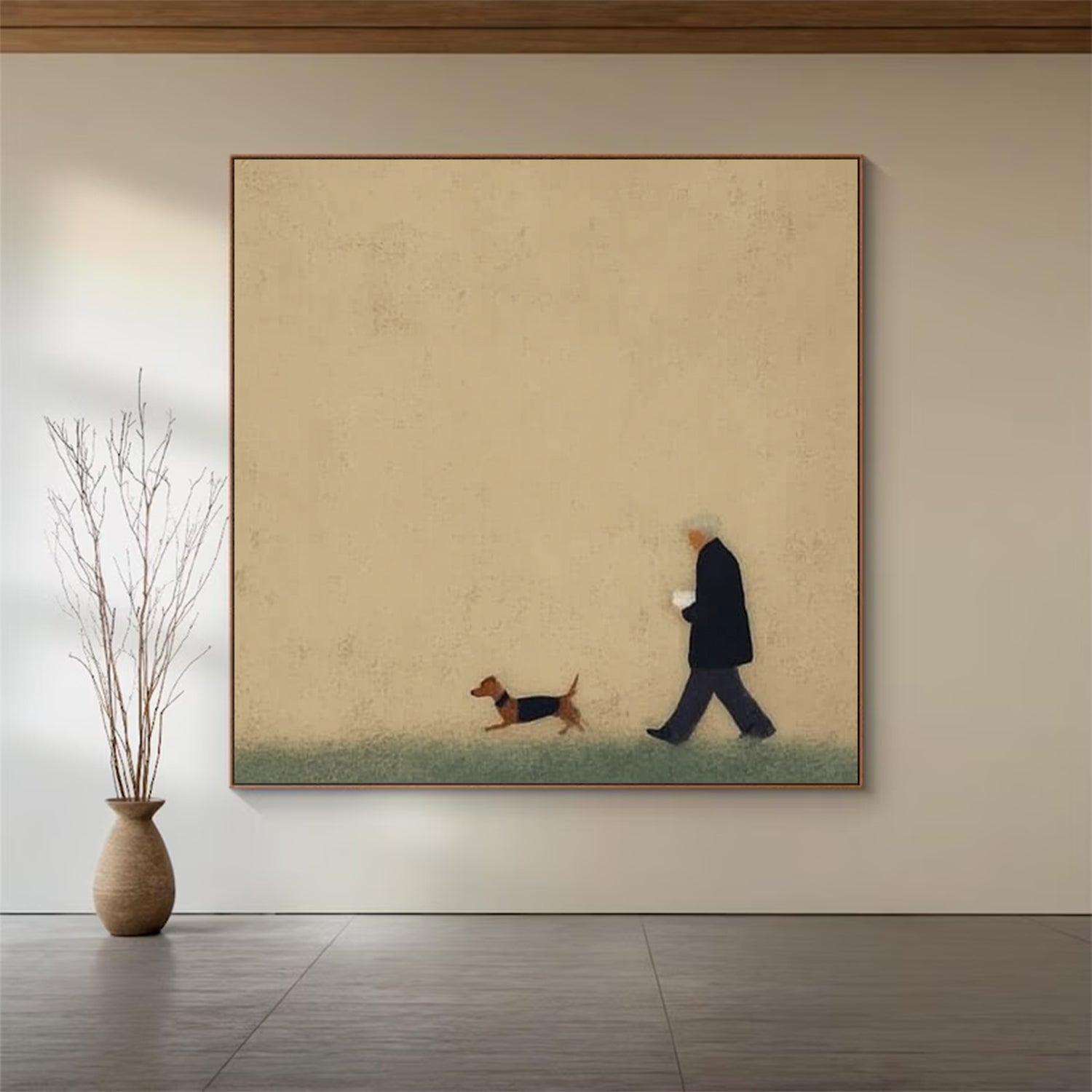 Man and puppy walking Oil Painting Brown Hand-Painted Canvas Art 
